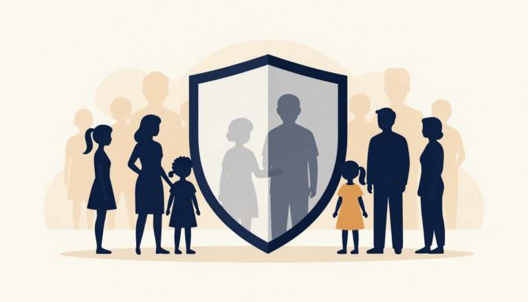 Ilustración de siluetas de personas de diferentes edades agrupadas alrededor de un escudo protector, simbolizando la vacunación y la salud comunitaria.