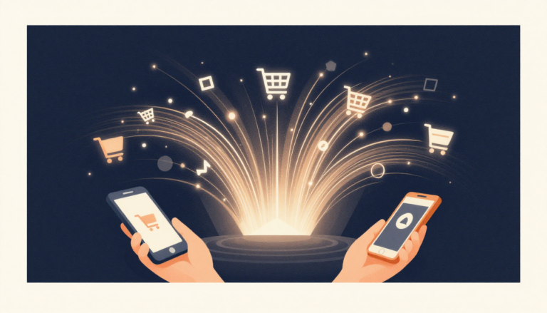Ilustración conceptual de compras digitales con iconos de carritos y dispositivos móviles.