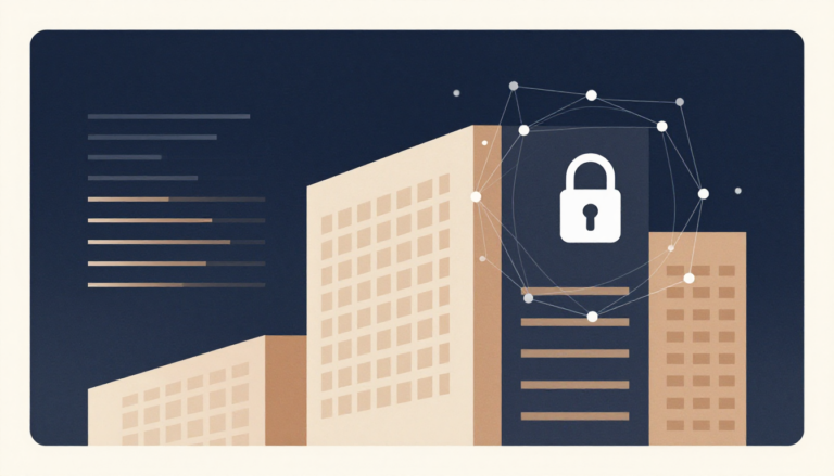 Ilustración conceptual de edificios modernos con un candado digital superpuesto, simbolizando seguridad empresarial.
