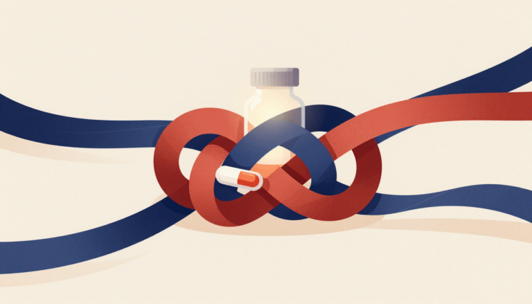 Ilustración que muestra una botella de medicamentos enredada en un nudo de cintas rojas y azules, simbolizando estancamiento.