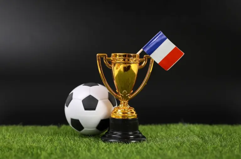 Taza dorada de trofeo, balón de fútbol y bandera francesa sobre césped.