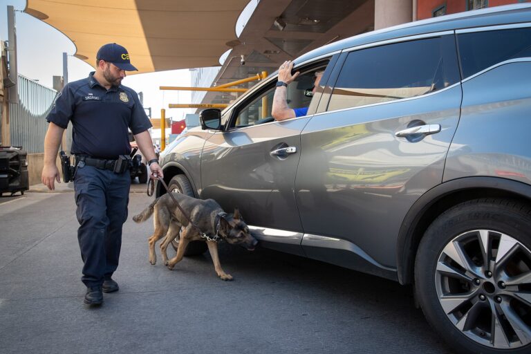 Oficial de CBP y su perro K-9 inspeccionan un vehículo en el Puerto de DeConcini en Nogales, Arizona.
