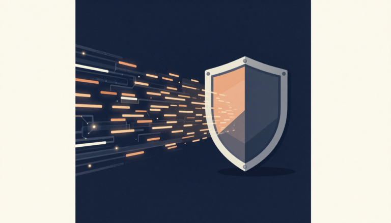 Escudo protector estilizado defendiéndose de un flujo de datos o ataques digitales.