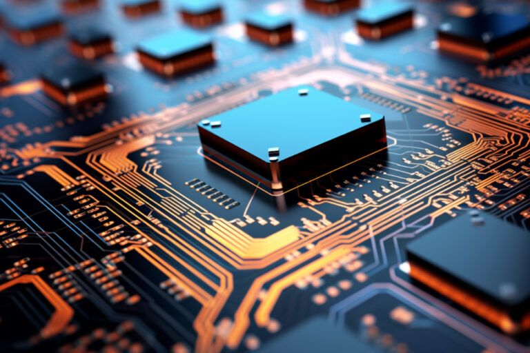 Primer plano de un circuito integrado avanzado, representando la inteligencia artificial.