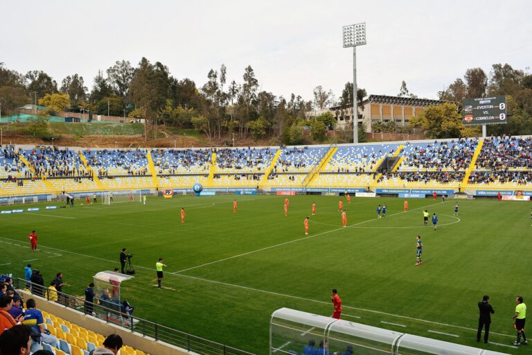 Vista panorámica del campo de juego de un estadio de fútbol con espectadores en las gradas.