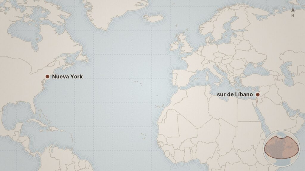 Mapa: Nueva York, sur de Líbano, Líbano, Israel