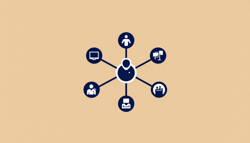 Diagrama de iconos conectados que representan servicios o áreas de cobertura médica.