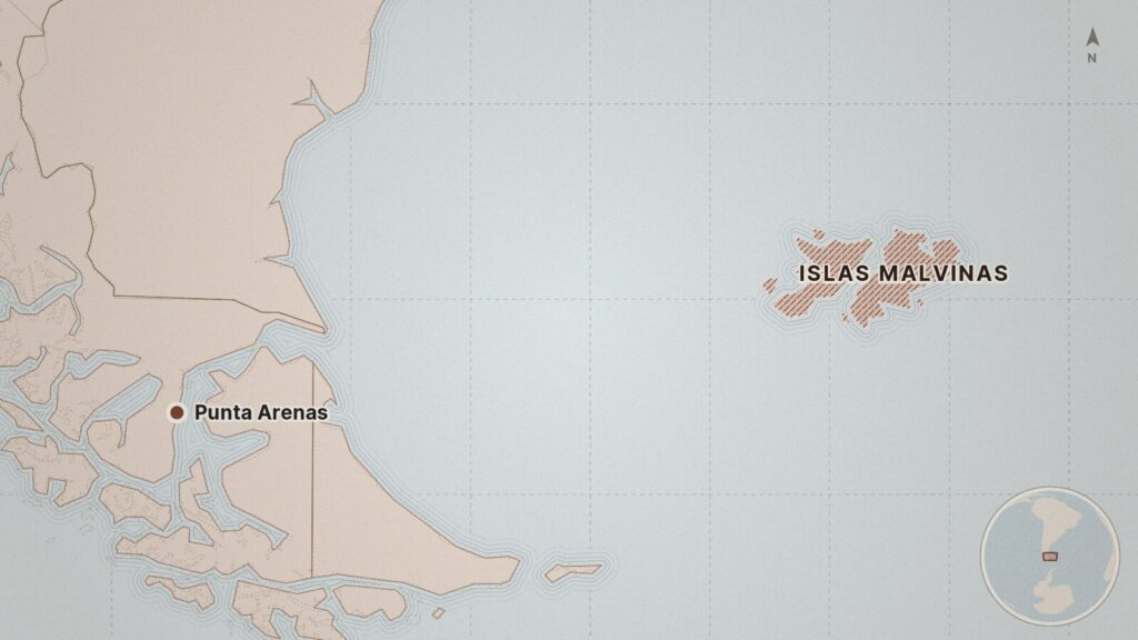 Mapa: Islas Malvinas, Punta Arenas, Argentina, Reino Unido, Chile
