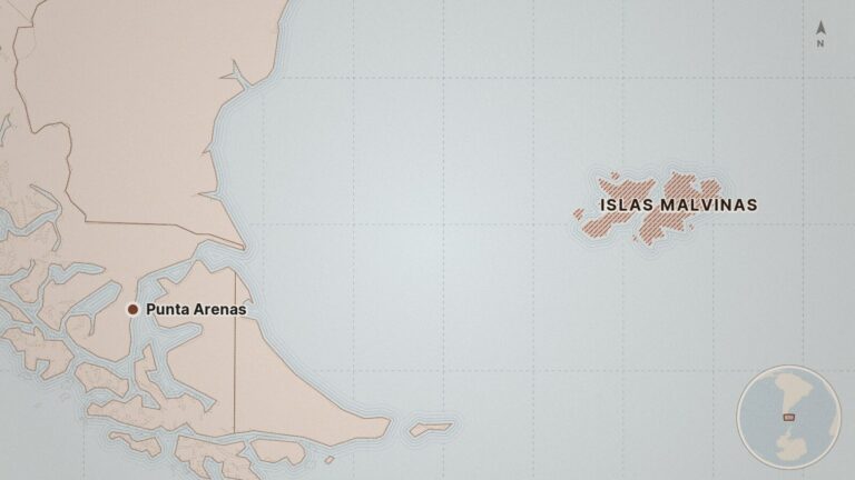 Mapa: Islas Malvinas, Punta Arenas, Argentina, Reino Unido, Chile